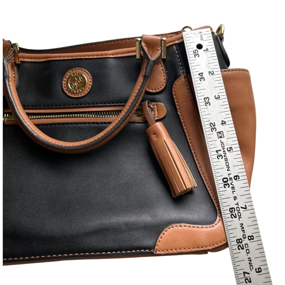 Kate Landry Black & Tan Satchel Handbag With Tassel Accent Crossbody Strap - Picture 10 of 11